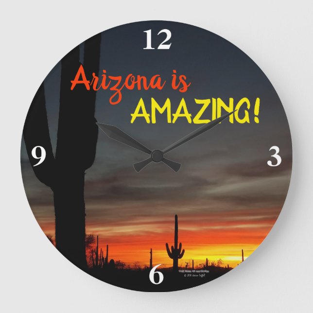 "Arizona is Amazing!" Sunset Sonoran Desert Cactus Large Clock (Front)