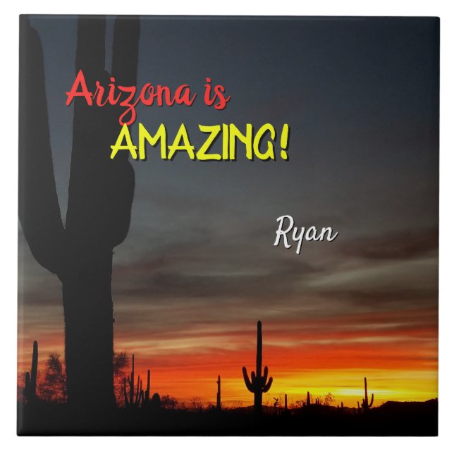 "Arizona is Amazing!" Sunset Sonoran Desert Cactus Tile (Front)
