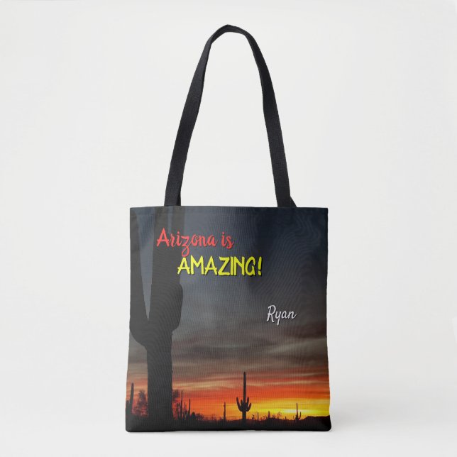 "Arizona is Amazing!" Sunset Sonoran Desert Cactus Tote Bag (Front)