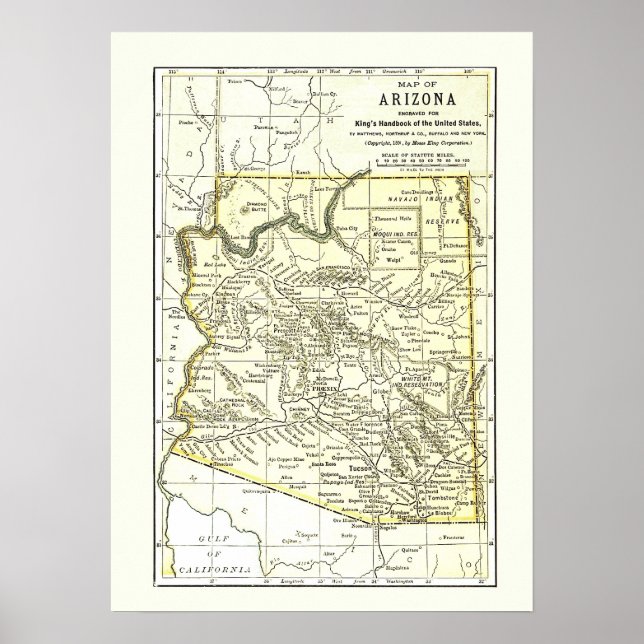 Arizona Map 1891 Towns, Rail and Reservations Poster (Front)