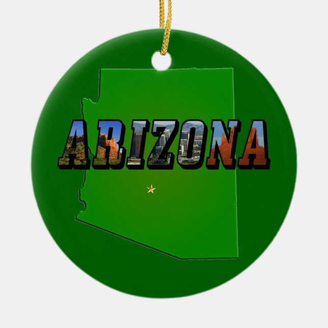 Arizona Map and Picture Text Ceramic Tree Decoration (Front)