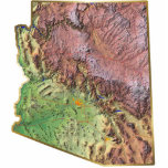 Arizona Map Magnet Cut Out<br><div class="desc">This magnet,  shaped like the state of Arizona,  displays a relief map of the state surrounded by a gold effect border. Arizonan decor for your fridge. 
Map derived from images at nationalatlas.gov.</div>