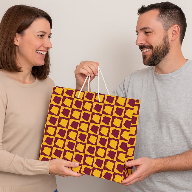 Arizona Maroon and Gold Checker Pattern Large Gift Bag (A gift bag with a pattern featuring the US state of Arizona in maroon and gold.)