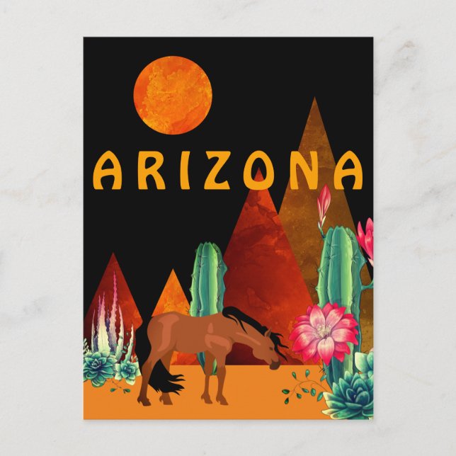 Arizona ~ Mountains, Desert, Horse and Full Moon Postcard (Front)