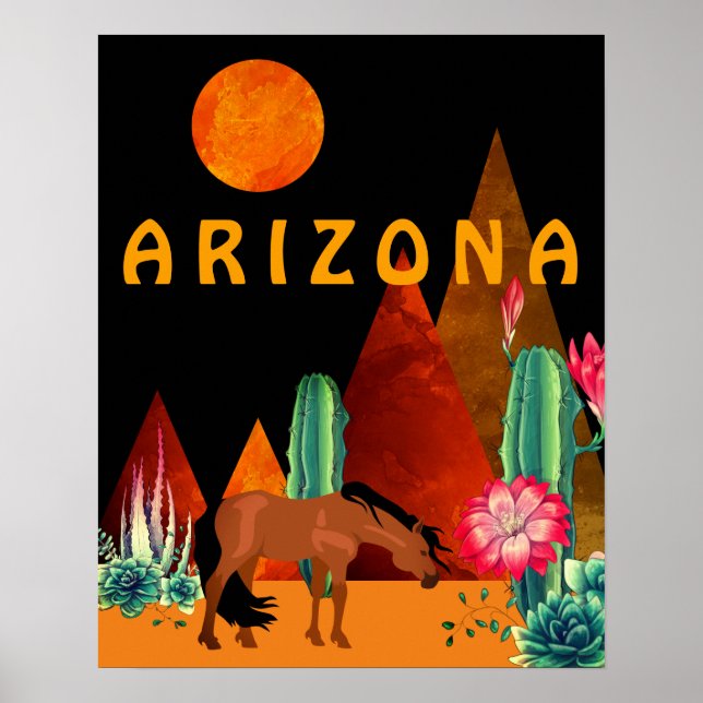 Arizona ~ Mountains, Desert, Horse and Full Moon Poster (Front)