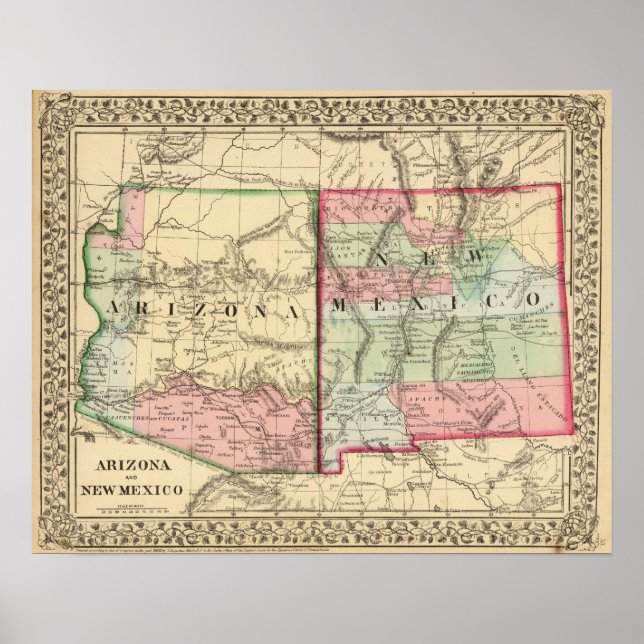 Arizona, New Mexico Map by Mitchell Poster (Front)