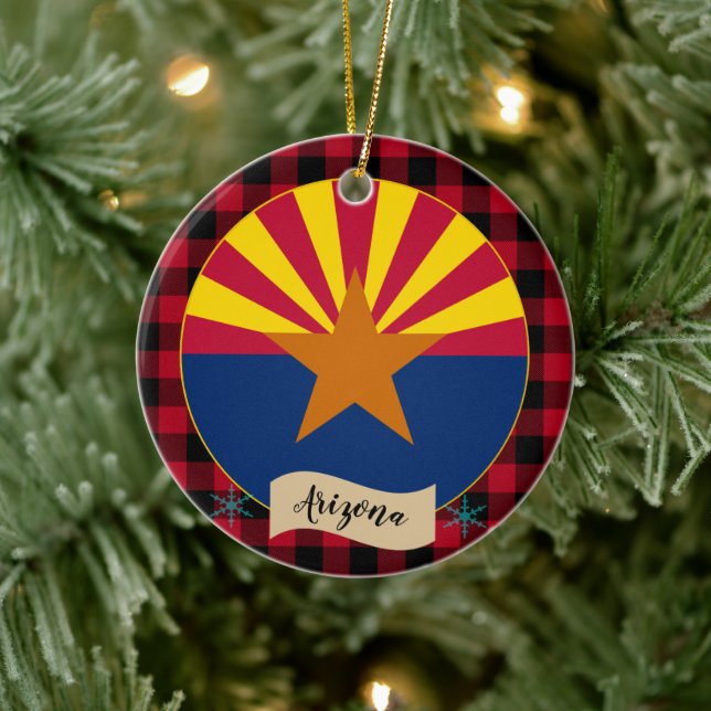 Arizona, Red buffalo plaid & Arizona Flag, USA Ceramic Tree Decoration (Tree)