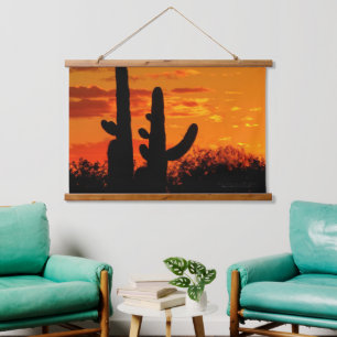 Arizona Saguaro Cacti With Bright Orange Sunset Hanging Tapestry