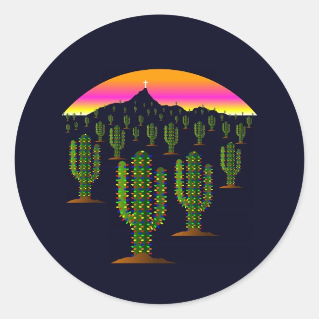 Arizona Saguaro Cactus Christmas Lights at Sunset Classic Round Sticker (Front)