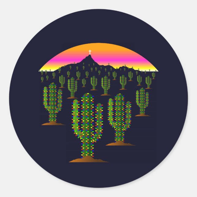Arizona Saguaro Cactus Christmas Lights at Sunset Classic Round Sticker (Front)