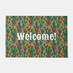 Arizona Saguaro Cactus Floral Seamless Pattern Doormat