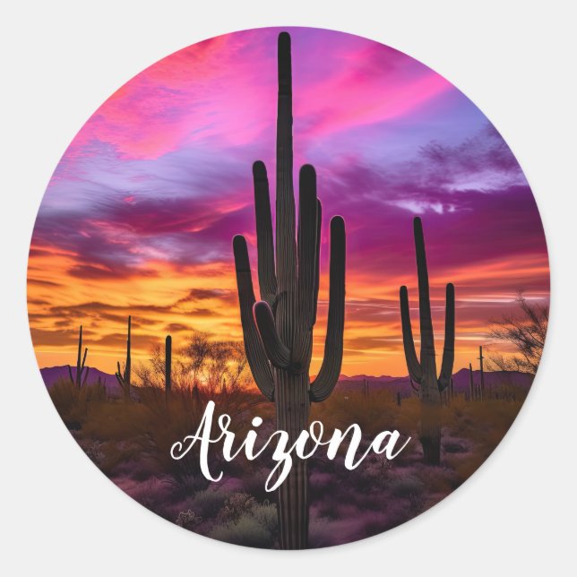 Arizona Saguaro Cactus Southwestern Desert Sunset Classic Round Sticker (Front)