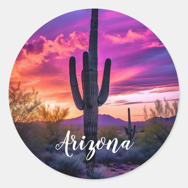 Arizona Saguaro Cactus Southwestern Desert Sunset Classic Round Sticker (Front)
