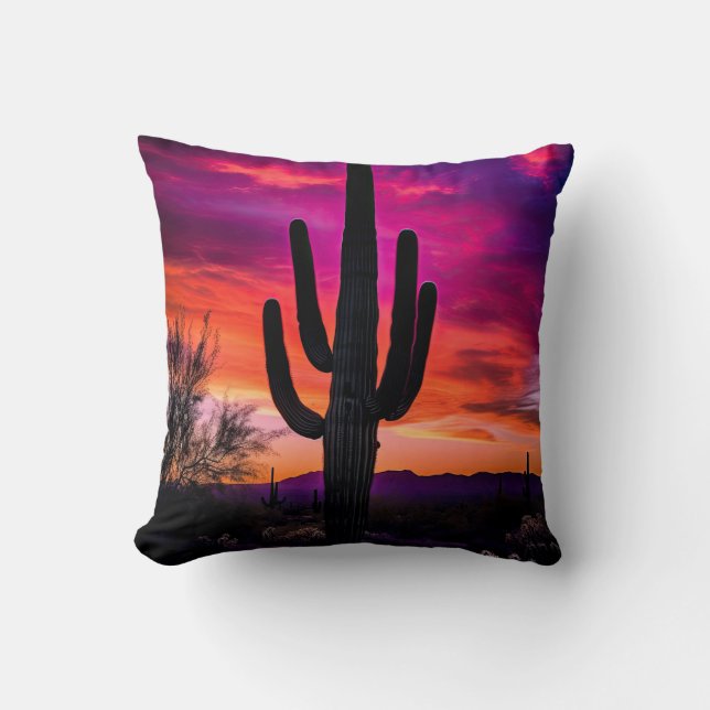 Arizona Saguaro Cactus Southwestern Desert Sunset Cushion (Front)