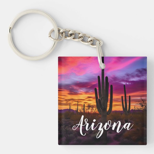 Arizona Saguaro Cactus Southwestern Desert Sunset Key Ring (Front)