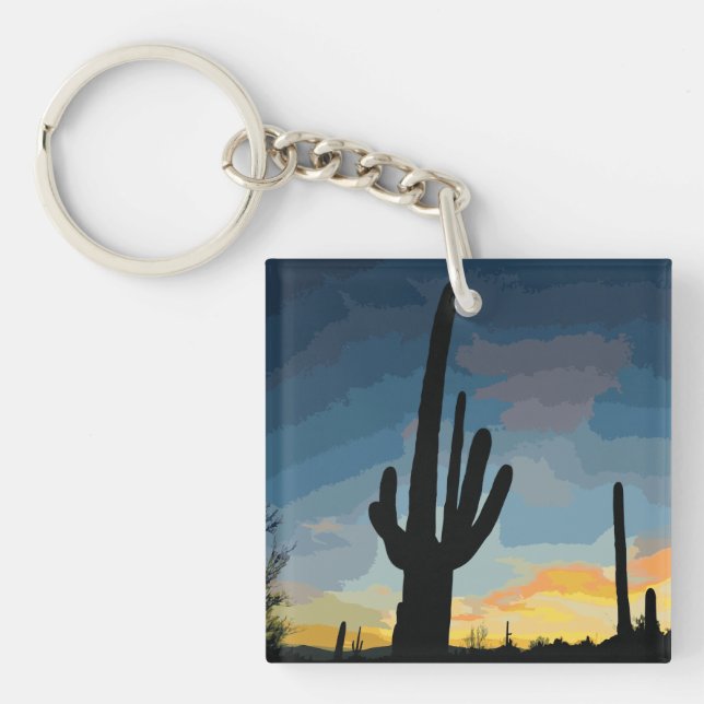 Arizona Saguaro Cactus Southwestern Sunset Key Ring (Front)