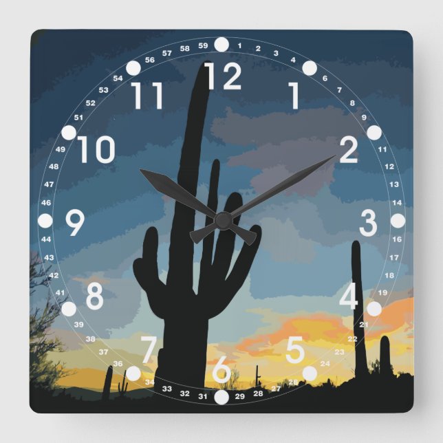 Arizona Saguaro Cactus Southwestern Sunset Square Wall Clock (Front)