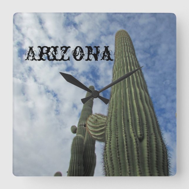Arizona Saguaro Cactus Tall Desert Plant Southwest Square Wall Clock (Front)
