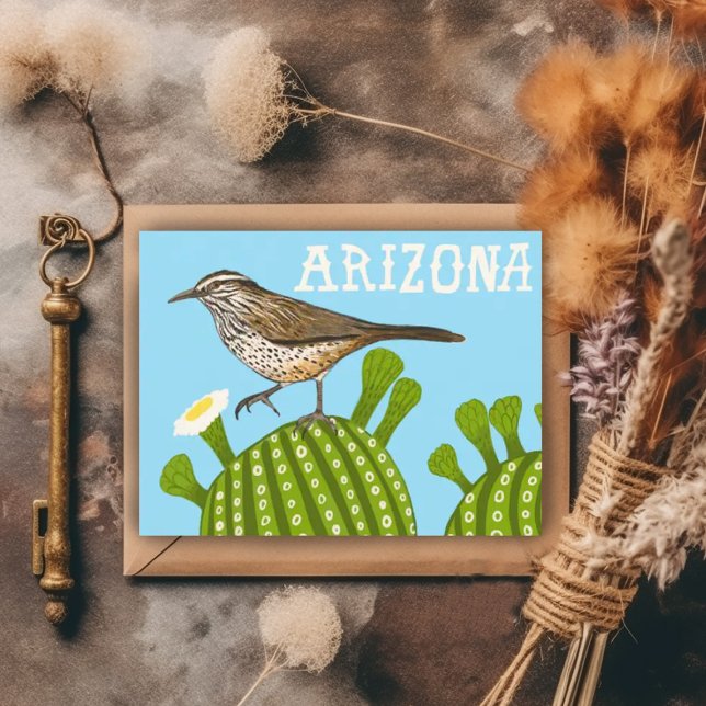 Arizona Saguaro Cactus Wren Cute Bird Nature  Postcard (Cactus wren on a saguaro cactus Arizona postcard)