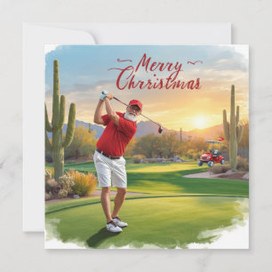 Arizona Santa Golfer on Desert Green Holiday Card