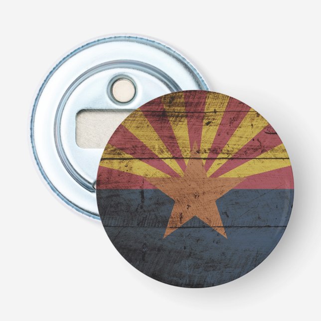 Arizona State Flag on Old Wood Grain Bottle Opener (Front)
