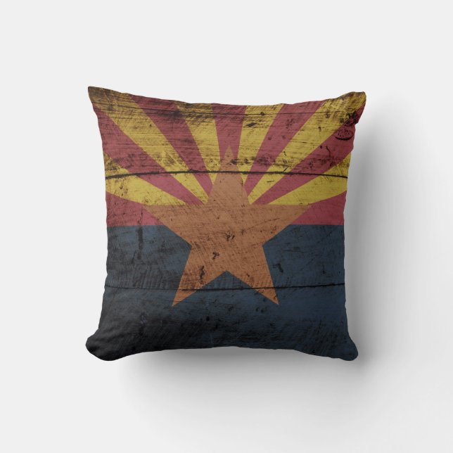 Arizona State Flag on Old Wood Grain Cushion (Front)