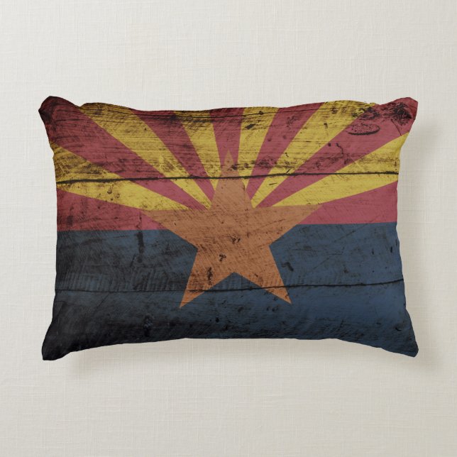 Arizona State Flag on Old Wood Grain Decorative Cushion (Front)