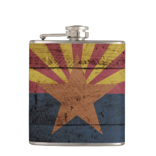 Arizona State Flag on Old Wood Grain Hip Flask