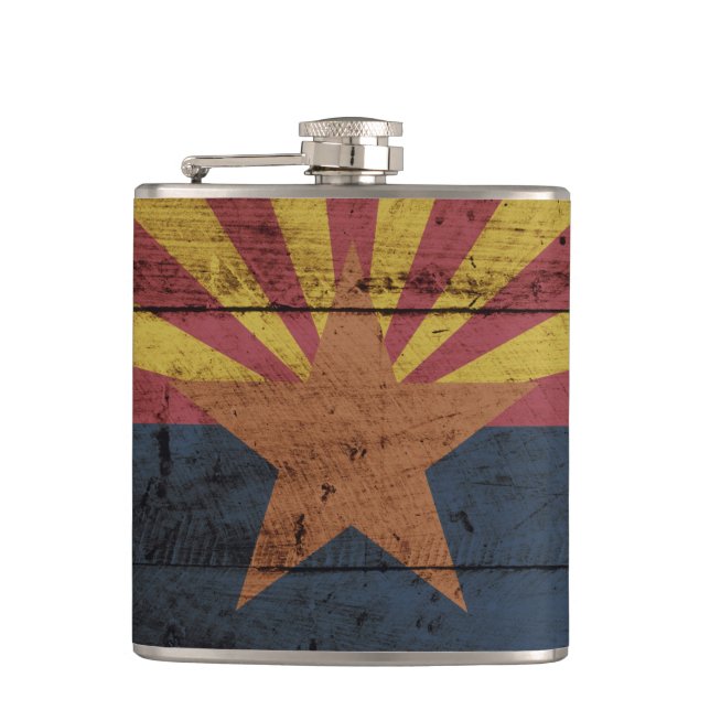 Arizona State Flag on Old Wood Grain Hip Flask (Front)