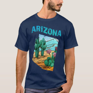 Arizona State Map Shape with Cactus Flower Desert  T-Shirt