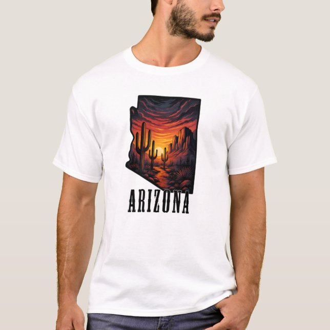 Arizona State Tattoo Style Desert Sunset $ Cactus T-Shirt (Front)