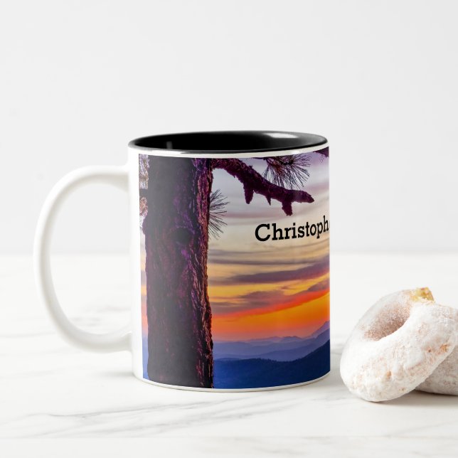 Arizona Sunset Pine Tree Mountains Scenic View Two-Tone Coffee Mug (With Donut)