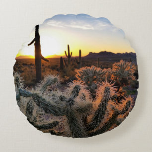 Arizona Sunset Sonoran Desert With Saguaro Cactus Round Cushion