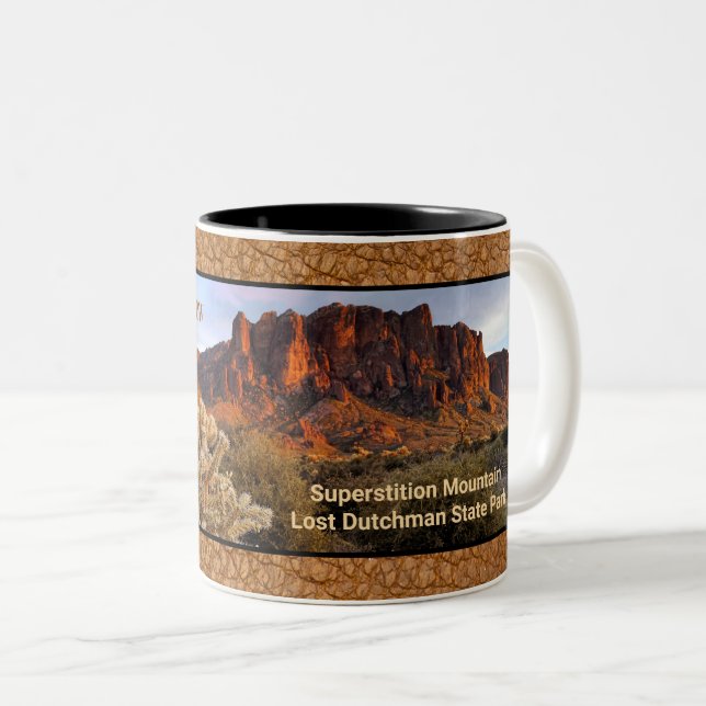 Arizona Superstition Mountain Cactus Faux Leather Two-Tone Coffee Mug (Front Right)
