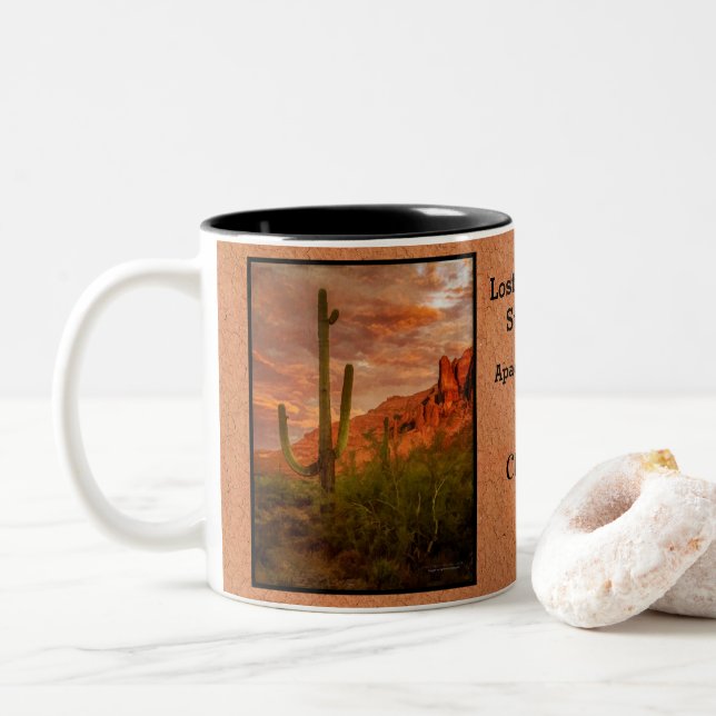 Arizona Superstition Mountain Sunset Saguaro Cacti Two-Tone Coffee Mug (With Donut)