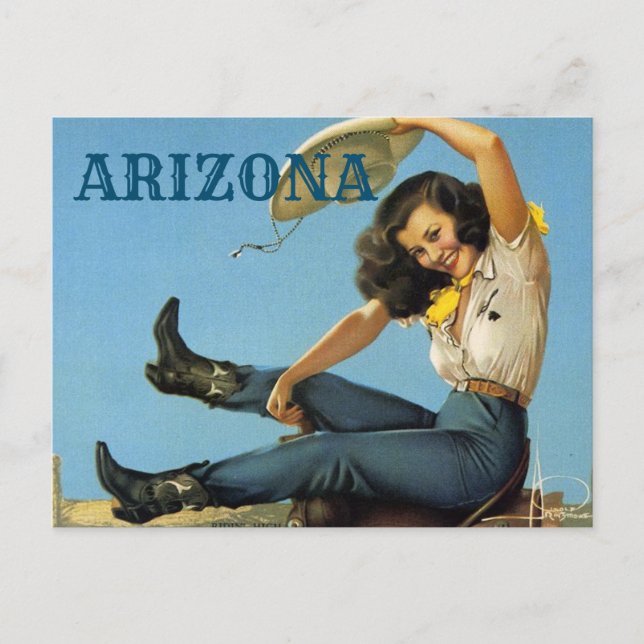 Arizona Vintage travel Cowgirl Postcard (Front)
