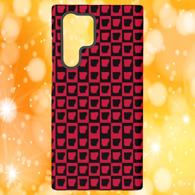 Arkansas Black and Red Check Pattern Samsung Galaxy S22 Ultra Case (A phone case with a black and red pattern featuring the US state of Arkansas.)