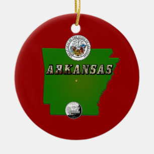 Arkansas Map, Seal and State Faux Quarter Ceramic Tree Decoration