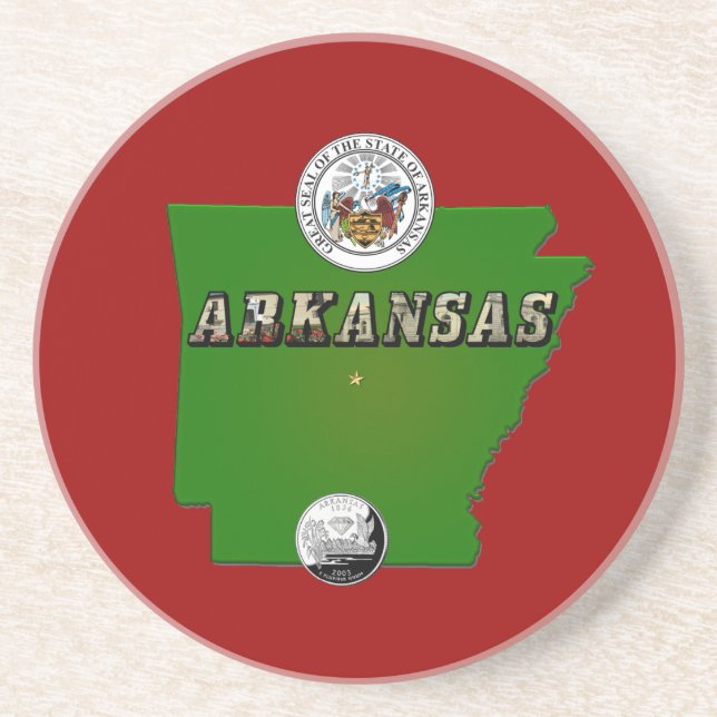 Arkansas Map, Seal and State Faux Quarter Coaster (Front)