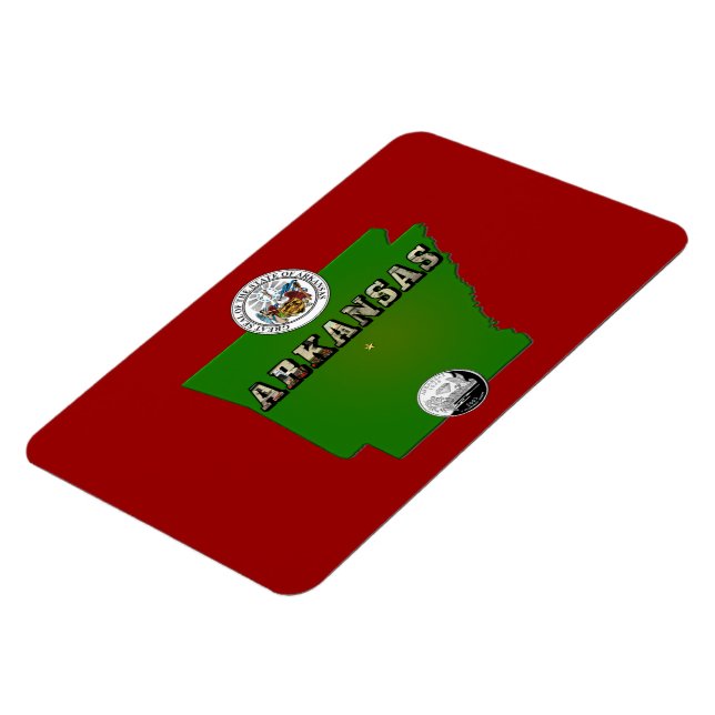 Arkansas Map, Seal and State Faux Quarter Magnet (Left Side)