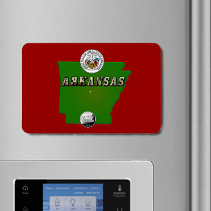 Arkansas Map, Seal and State Faux Quarter Magnet