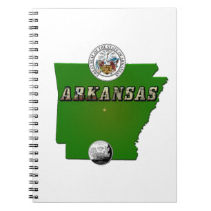 Arkansas Map, Seal and State Faux Quarter Notebook