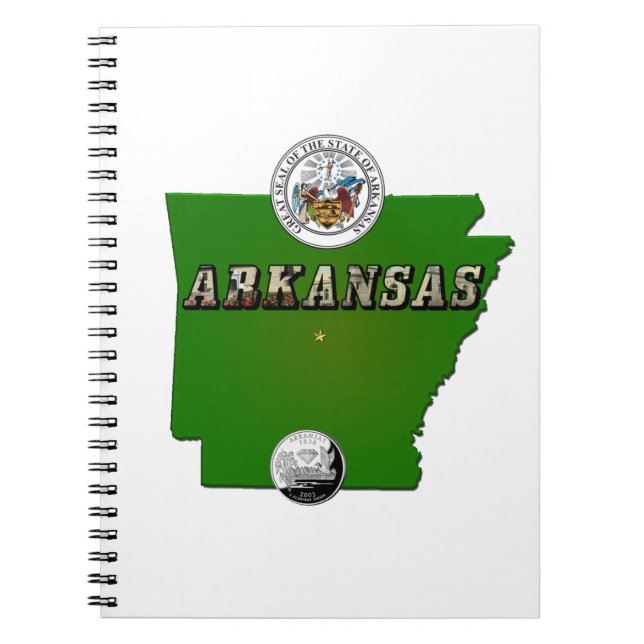 Arkansas Map, Seal and State Faux Quarter Notebook (Front)