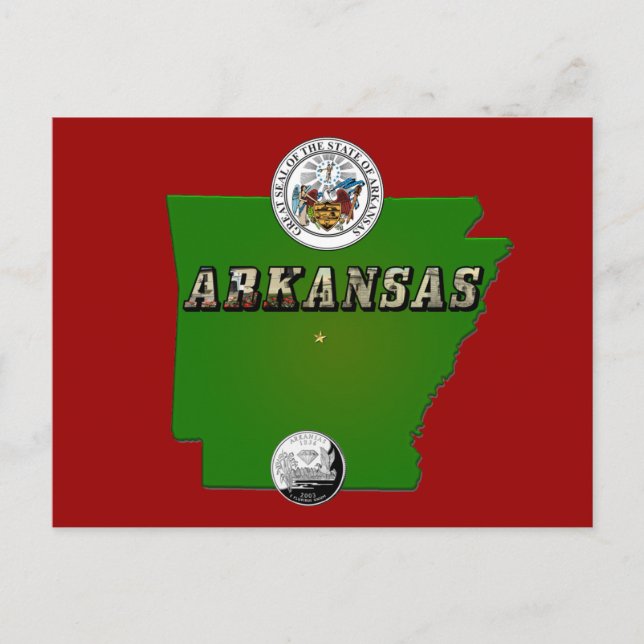 Arkansas Map, Seal and State Faux Quarter Postcard (Front)