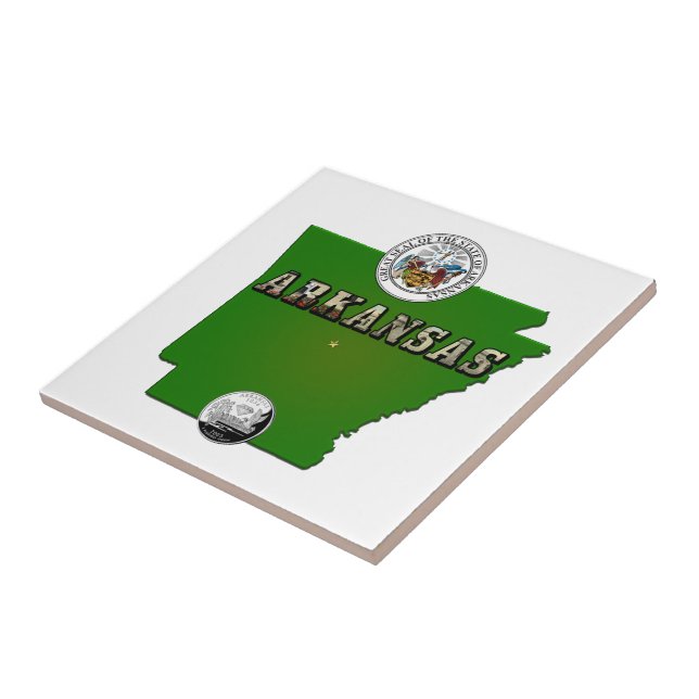 Arkansas Map, Seal and State Faux Quarter Tile (Side)