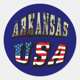 Arkansas Picture and USA Flag Text Classic Round Sticker