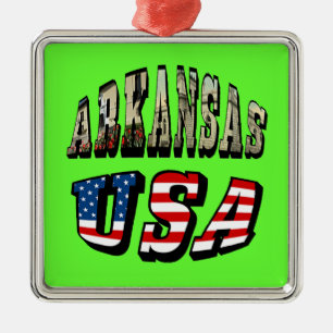 Arkansas Picture and USA Flag Text Metal Tree Decoration