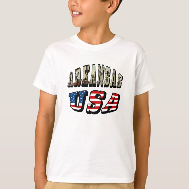 Arkansas Picture and USA Flag Text T-Shirt (Front)