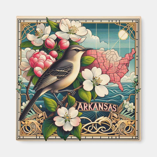 Arkansas State Bird and Flower Art Deco Design Magnet (Front)