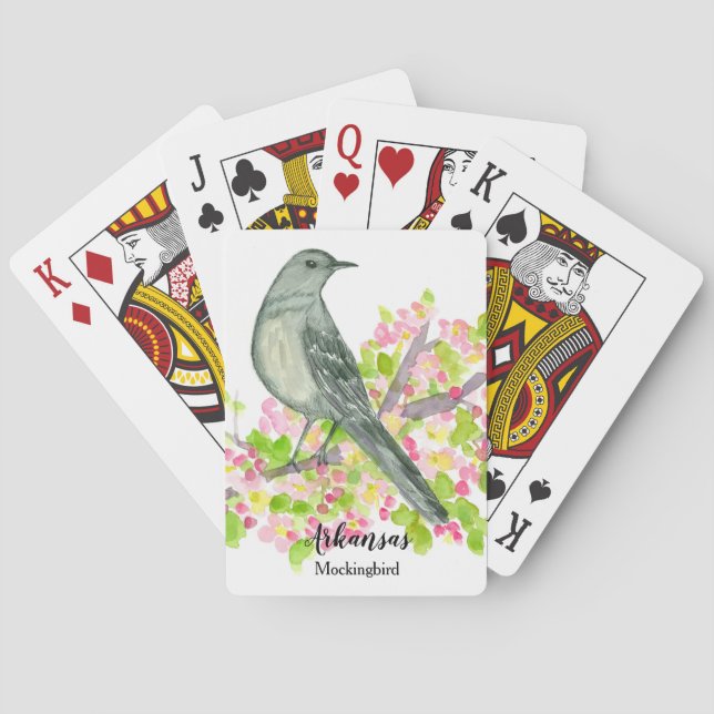 Arkansas State Bird Mockingbird Pink Flowers Playing Cards (Back)